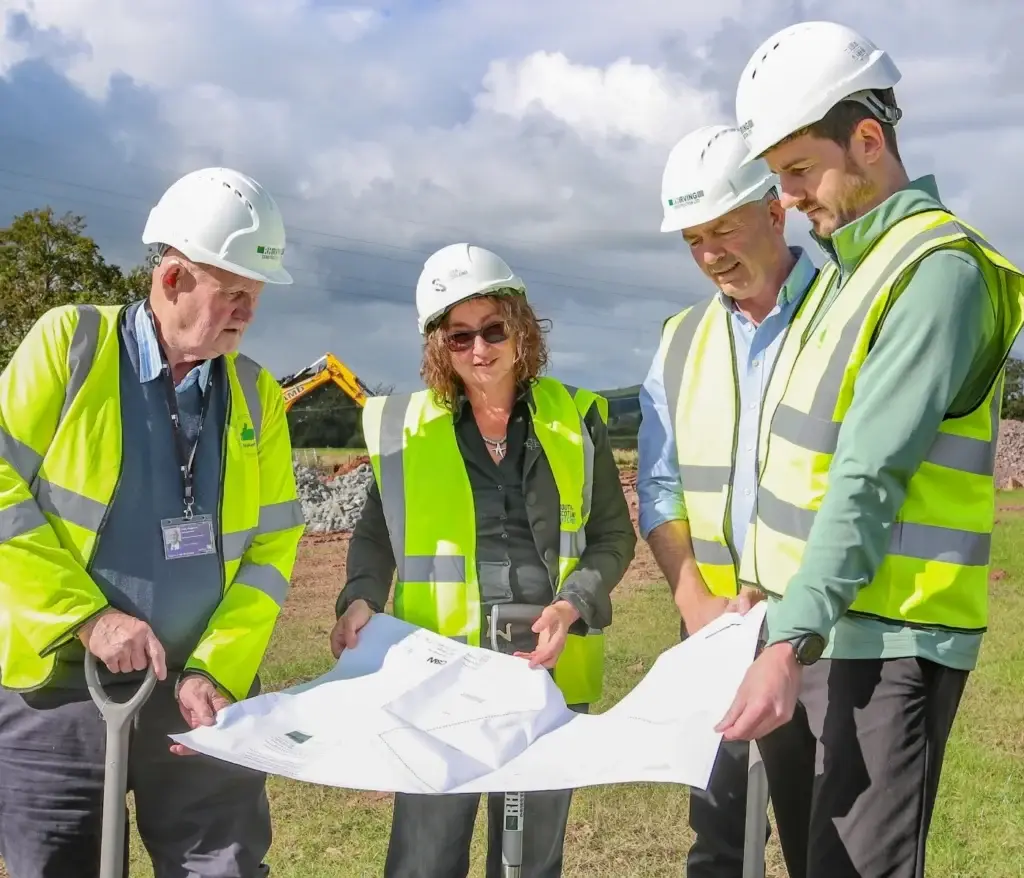 Cllr Andy Ferguson, Jane Morrison-Ross, Greg Pickstock and Fraser McDonald of Quantem Scotland look at plans for the Pickstock Telford facility at Ecclefechan