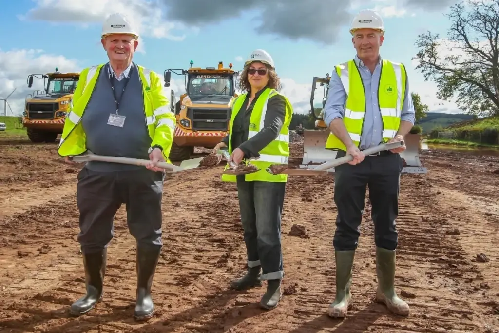 Cllr Andy Ferguson of D&G Council, SOSE CEO Jane Morrison-Ross with Pickstock Telford MD Greg Pickstock break the ground for the Pickstock Ecclefechan facility