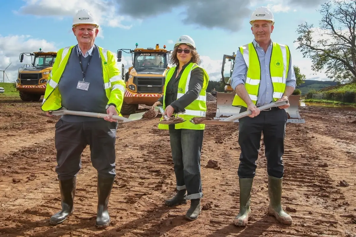 Cllr Andy Ferguson of D&G Council, SOSE CEO Jane Morrison-Ross with Pickstock Telford MD Greg Pickstock break the ground for the Pickstock Ecclefechan facility