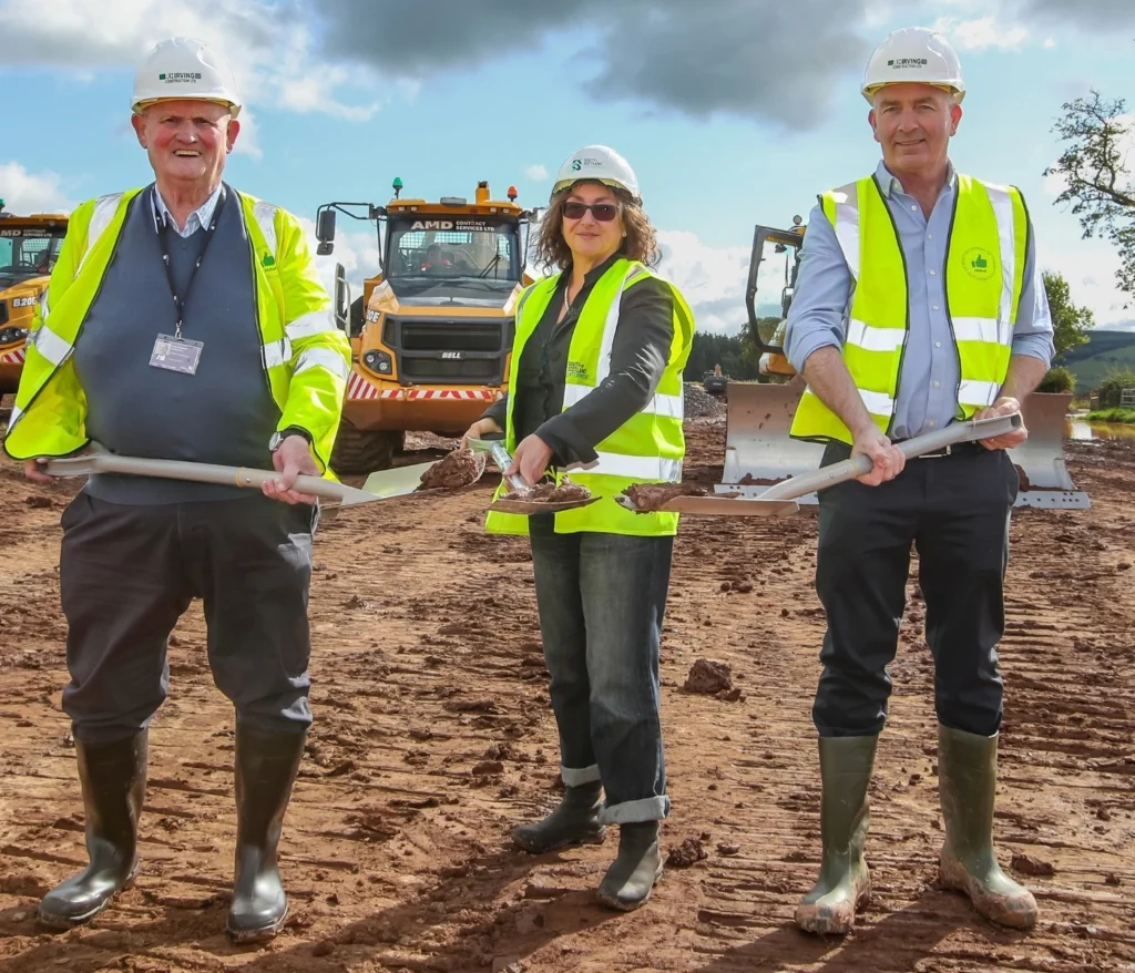 Cllr Andy Ferguson of D&G Council, SOSE CEO Jane Morrison-Ross with Pickstock MD Greg Pickstock break the ground for the new Pickstock facility
